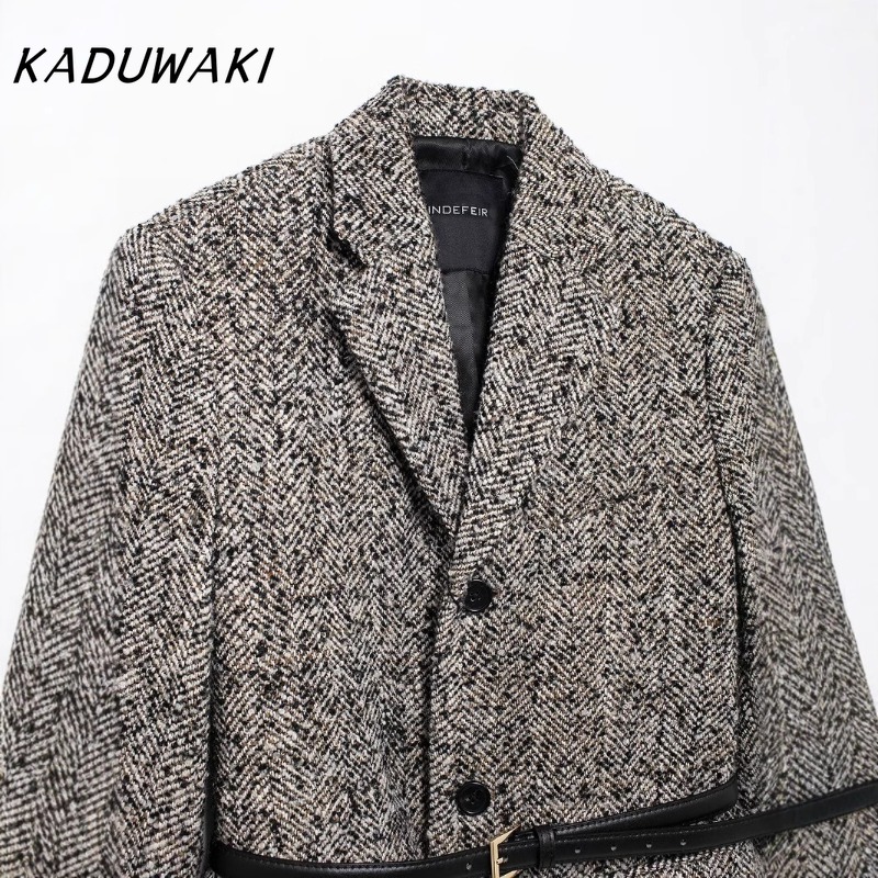KADUWAKI Cappotto strutturato grigio a maniche lunghe con risvolto retrò Classico blazer versatile per pendolari allentato con cintura Куртка Ж gessi¢юшоном