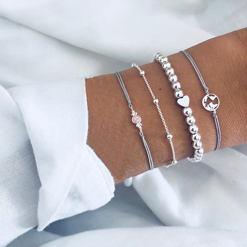 5 teile/satz Böhmen Hülse Mond Charme Armbinde einstellen Für Frauen Herz Geometrische Schwarz Perlen Kette Armreif Mädchen Schmuck: Rose Gold Farbe