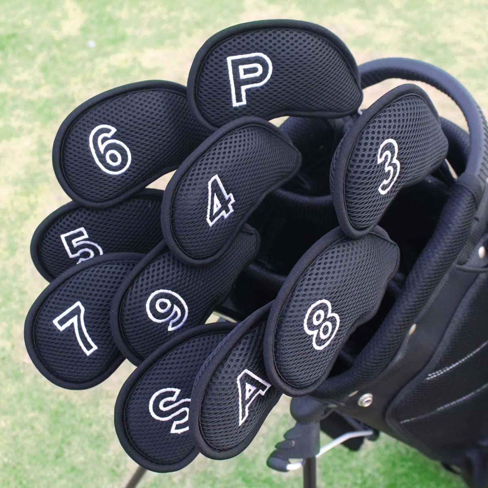 10 stuks/verpakking mesh golfijzerhoezen set golfijzerkophoezen set 3 ,4, 5,6 ,7,8 ,9,  s,a,p: Zwart