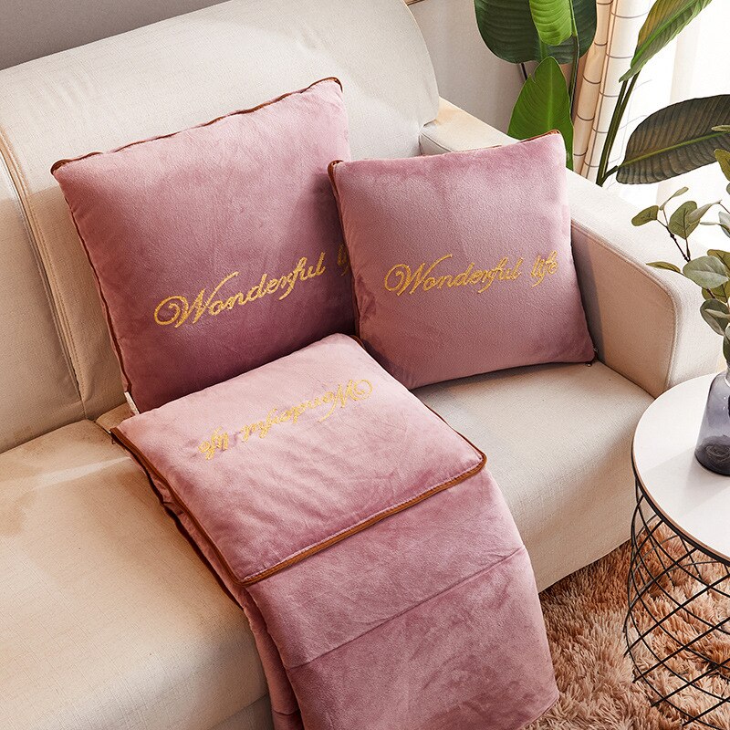 Manta de almohada 2 en 1 para el hogar, cojín grueso de terciopelo cálido para el cuerpo, sofá, plegable, aire acondicionado, edredón para habitación, coche de viaje, decoración: pink (1piece) / 50x50 open 145x190cm