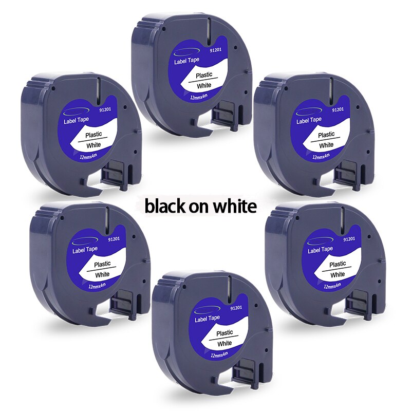 Topcolor-cintas de etiquetas para impresora dymo 91202, pegatinas de plástico, negro sobre amarillo, 12mm, para LetraTag Plus, LT-100T, LT-110H, 2000, XM, 6PK: Black on White
