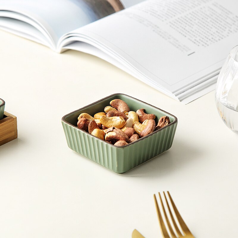 Muzity Keramische Vierkante Kommen Saus Schotel Porselein Dessert Snack Platen Met Bamboe Lade Kerstcadeau