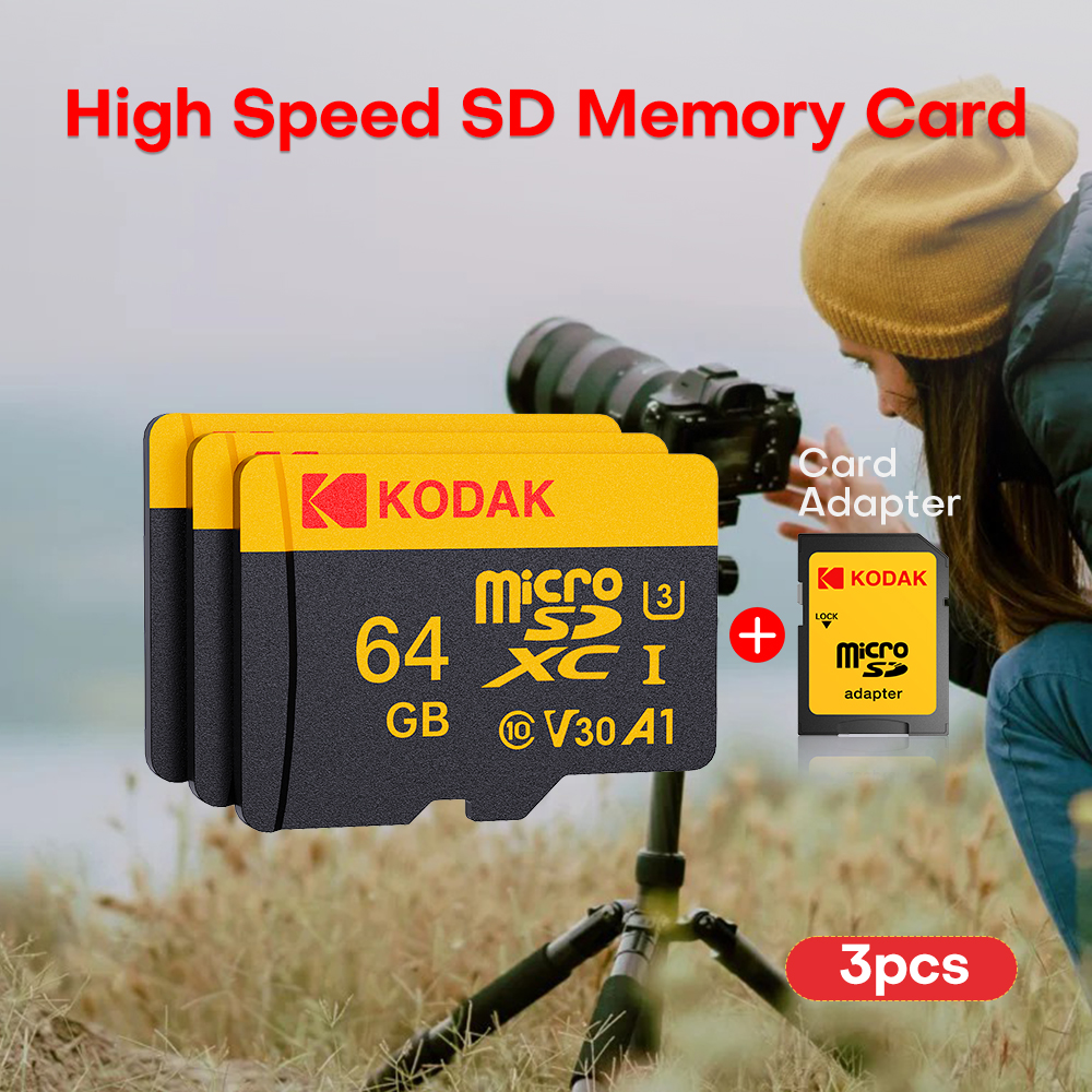 3Pcs Original Kodak Micro SD Card Memory Card 64GB A1 SDXC TF Flash Drive Video card With SD Adapter Class 10 For Camera Phone