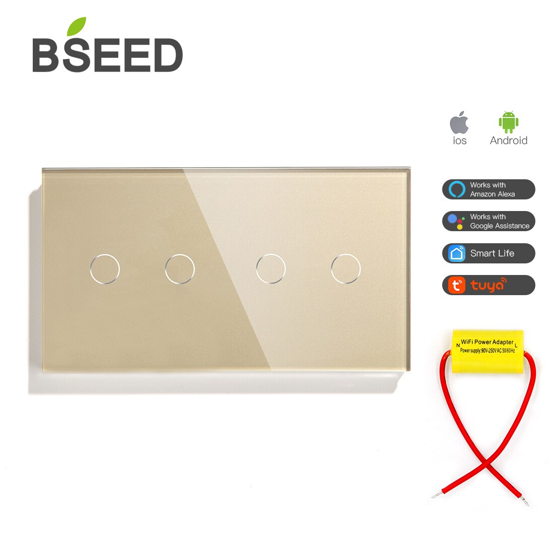 BSEED WIFI Double 2Gang 1way Light Switches Smart Touch Sensor Wall Switch Google Alexa Smart Life App Control Singlive Wire: Golden 4Gang