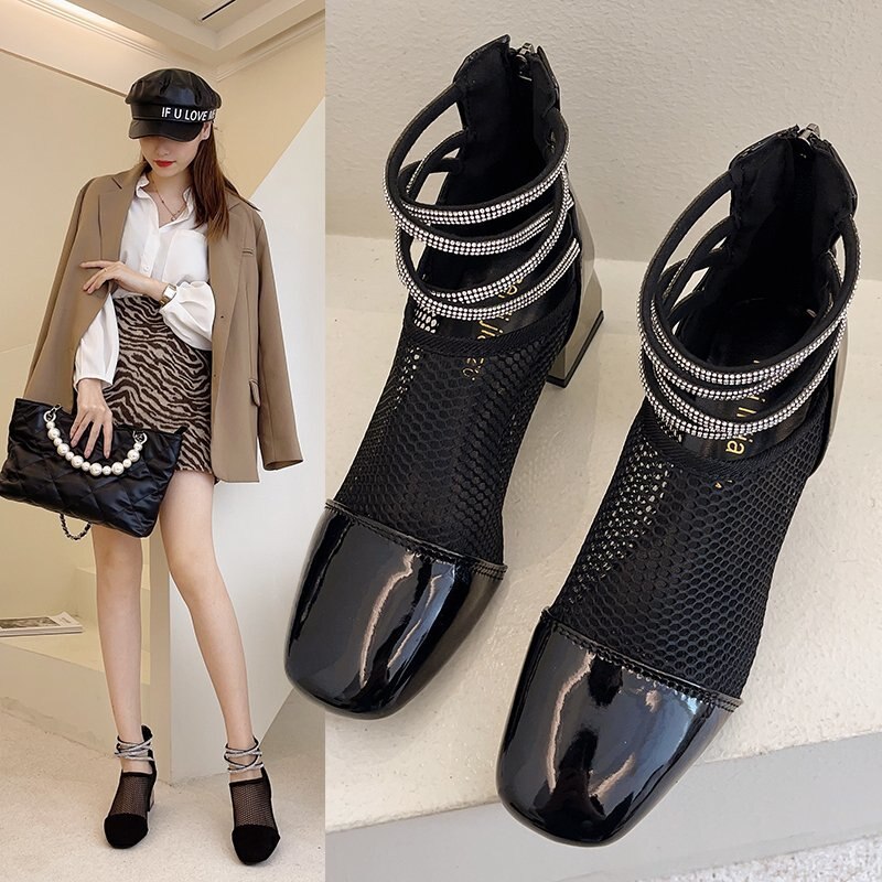 Style Women's Sandal Women's Suede Sandal with Thick Heel and Zip Closed Leather heels women sandals