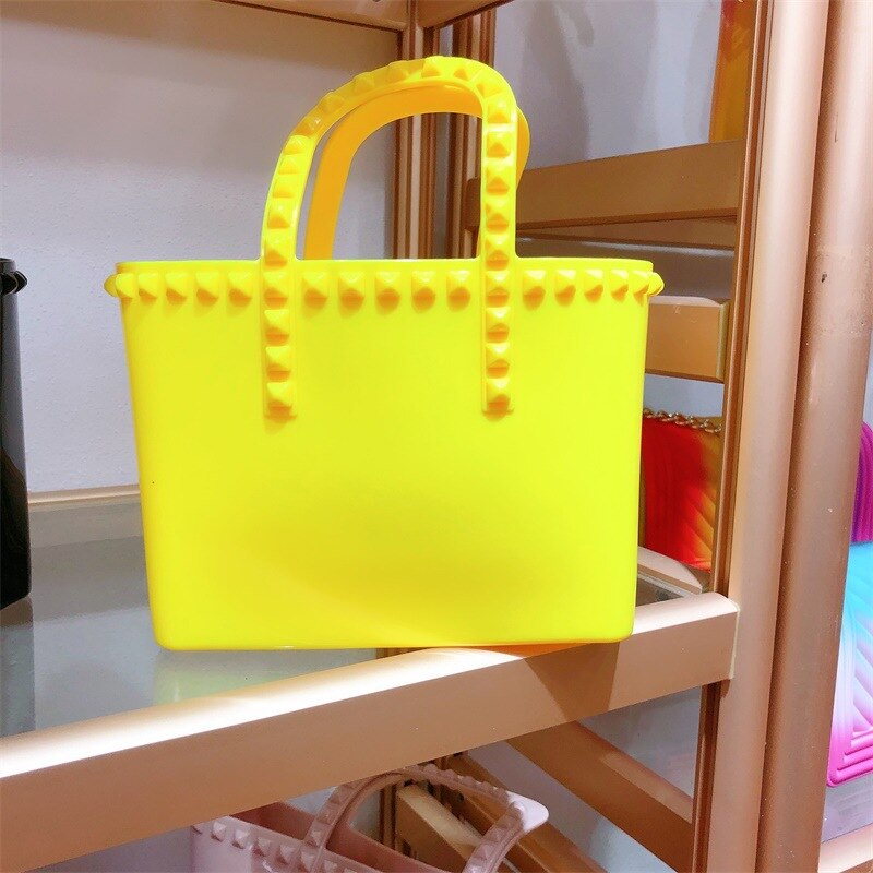 Summer Rivet Jelly Lady Handbag Bucket Tote Bag Shopping Bag Large Capacity PVC Women Handbag: yellow / S