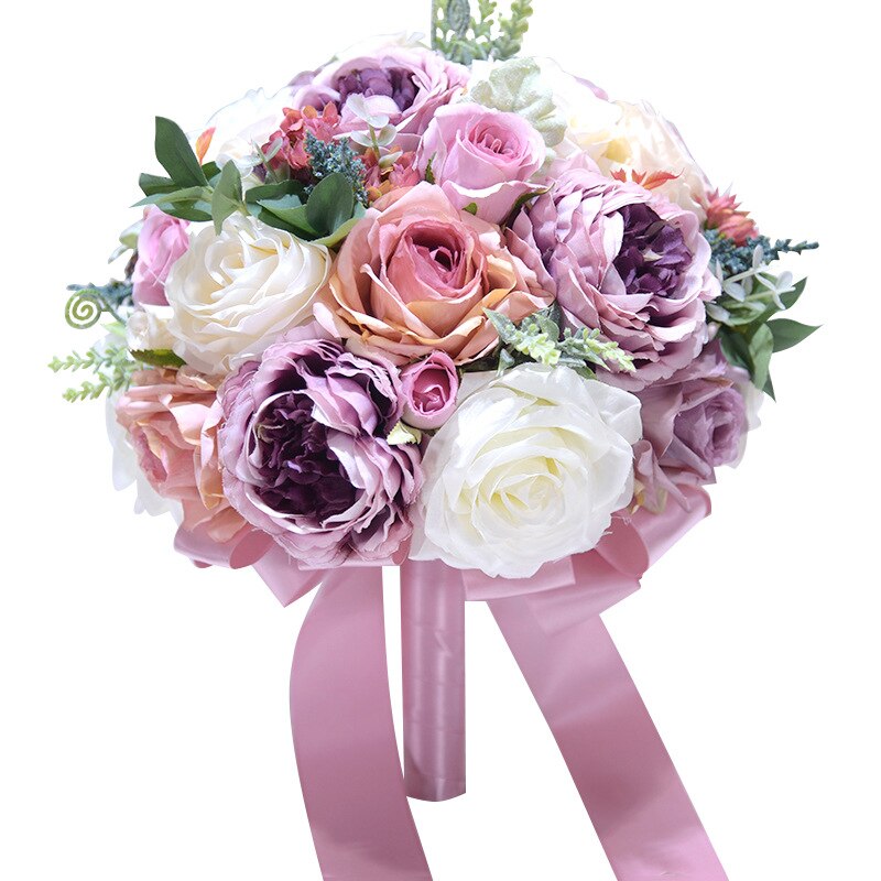 Uniek boeket mariage bruiloft bloemen bruidsboeketten lint fleur novia kunstmatige rozenboeket bruiloft accessoires  ph005: Paars 