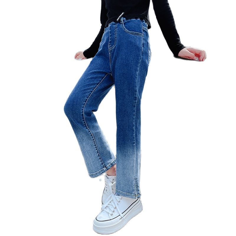 Pantalones vaqueros rectos para adolescentes, Jeans informales de cintura elástica, Color contrastante, azul, 10