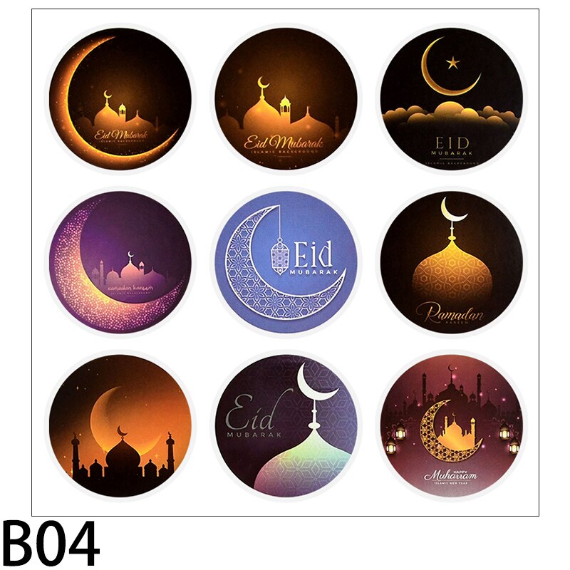 Autocollant Eid Mubarak Ramadan 4cm, étiquette autocollante pour emballage de boîte avec étoiles et motifs de lune, pour Scrapbook musulmans islamiques pour enfants, 90 pièces: B04-90Pcs