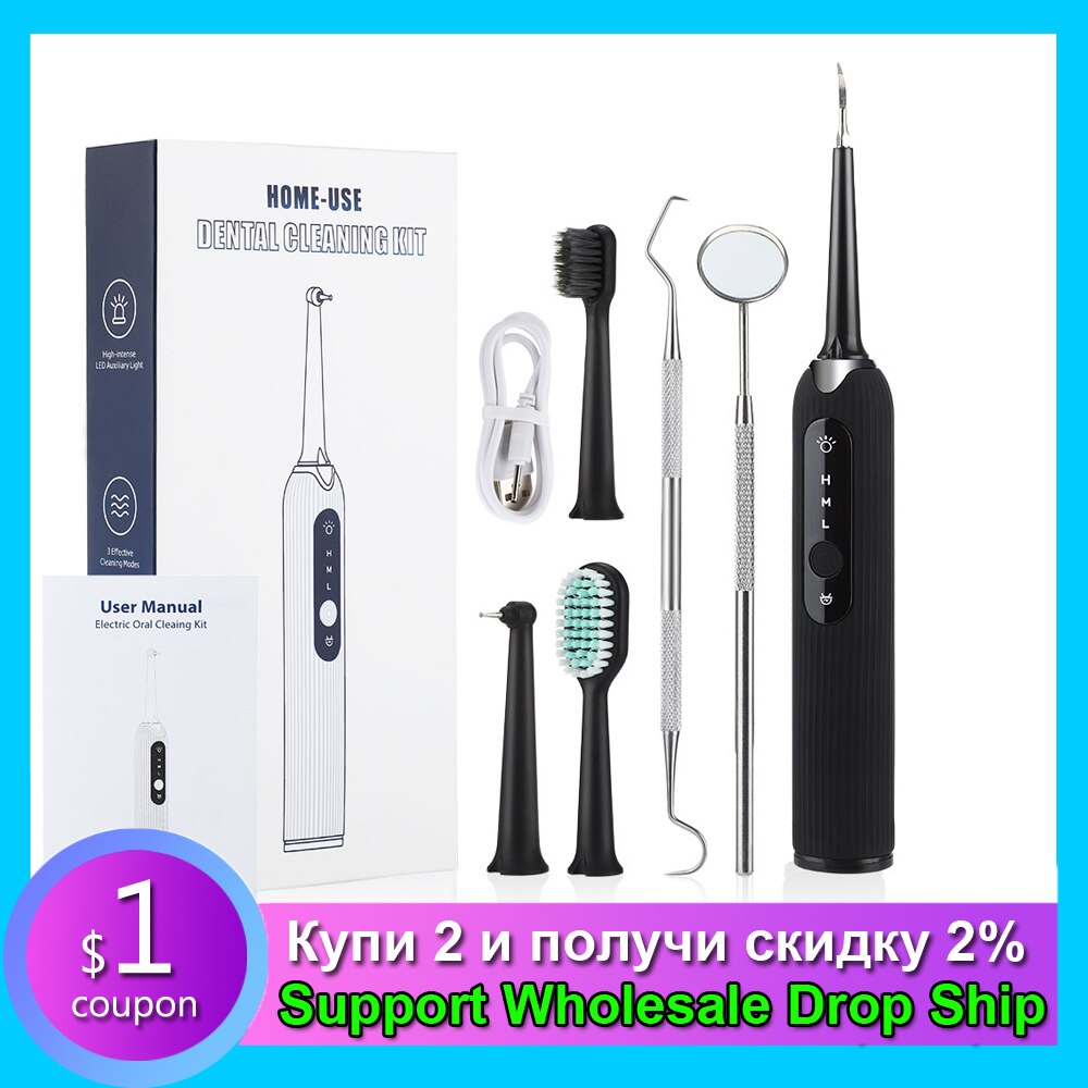 Portable Ultrasonic Tooth Cleaner Sonic Dental Scaler Oral Tartar Calculus Remover White Teeth Cleaning With Toothbrush Head