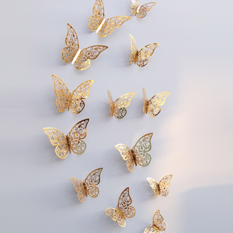 12 unids/lote de calcomanías de mariposa 3D doradas y plateadas para pared, calcomanías artísticas para el hogar, pegatinas para pared, decoraciones para exhibición de mariposas para fiestas y: C-gold