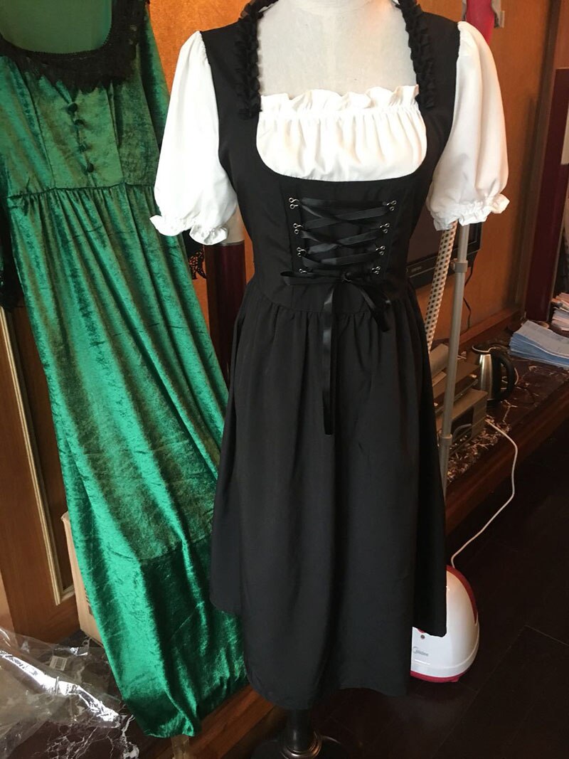 Voksne kvinder oktoberfest kostume sort dirndl udskåret kjole pufærmer ryg sløjfe snøring biergarten tøj til damer 5xl