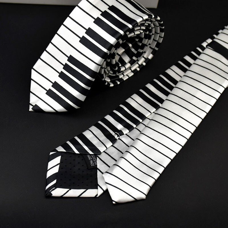 KLV Men's Black & White Piano Keyboard Necktie Tie Classic Slim Skinny Music Tie