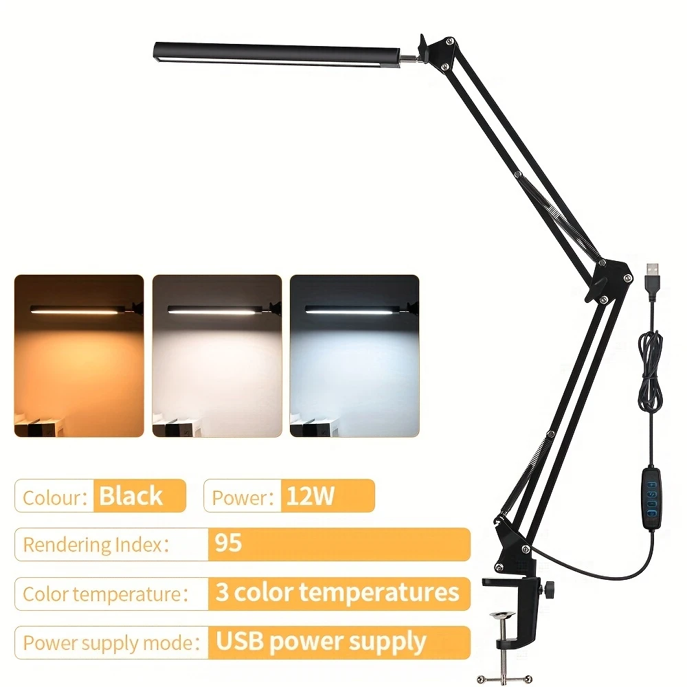 3-lichts kleuren LED flexibele bureautafellamp met draaibare klem Studietafellamp Oogbescherming Kantoor Slaapkamerverlichting: Black