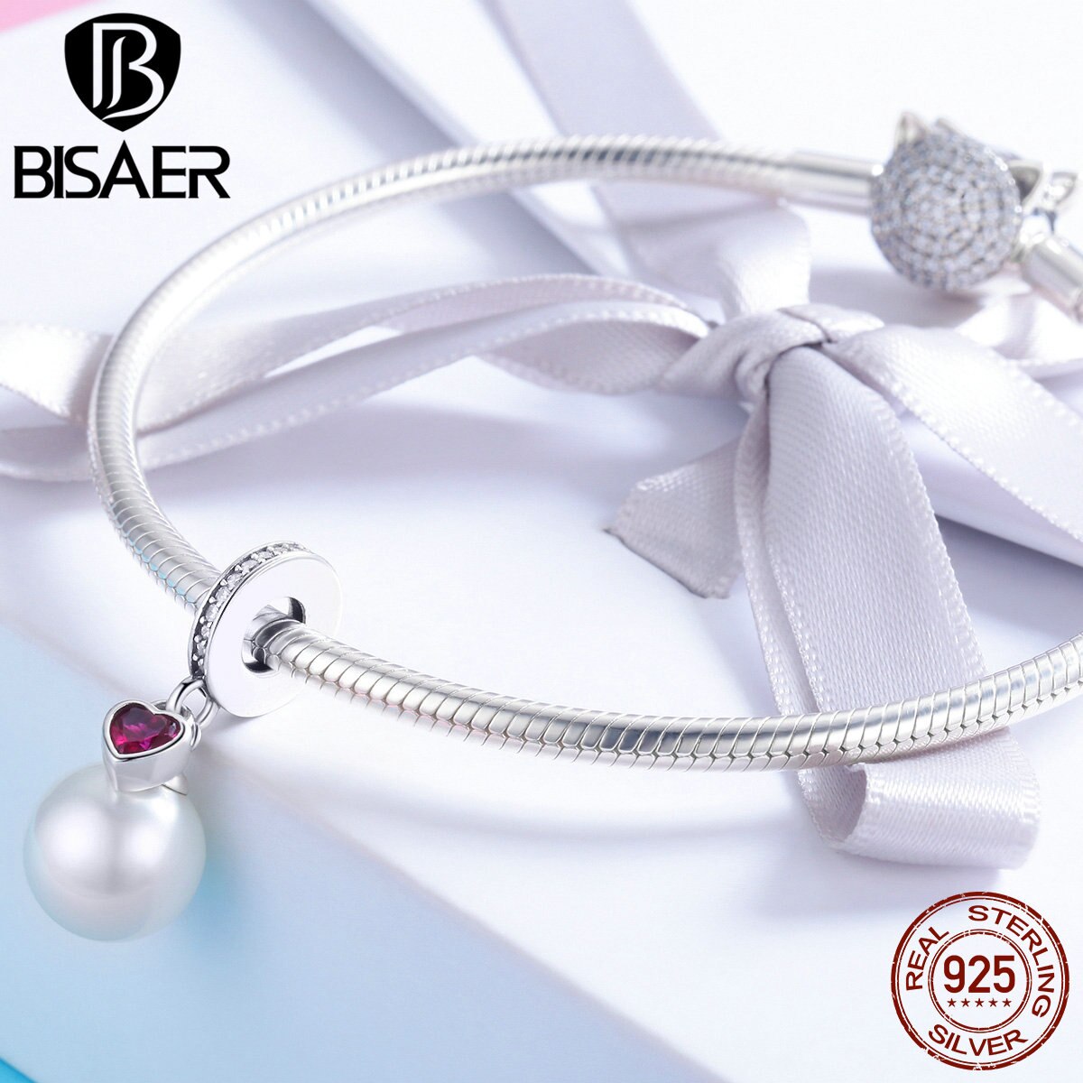 BISAER 925 Sterling Silver Blooming Pearl Pink Heart Charms Beads Fit Original Charm Bracelet Silver 925 Jewelry Making ECC782