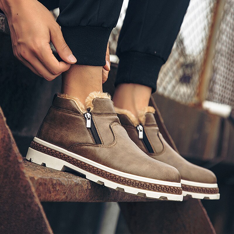 Stijl Warme Snowboots Mannen Laarzen Slip Op Mode Casual Mannen Martin Laarzen Slijtvast Ronde Neus Winter Bont mannen Schoenen Bnj