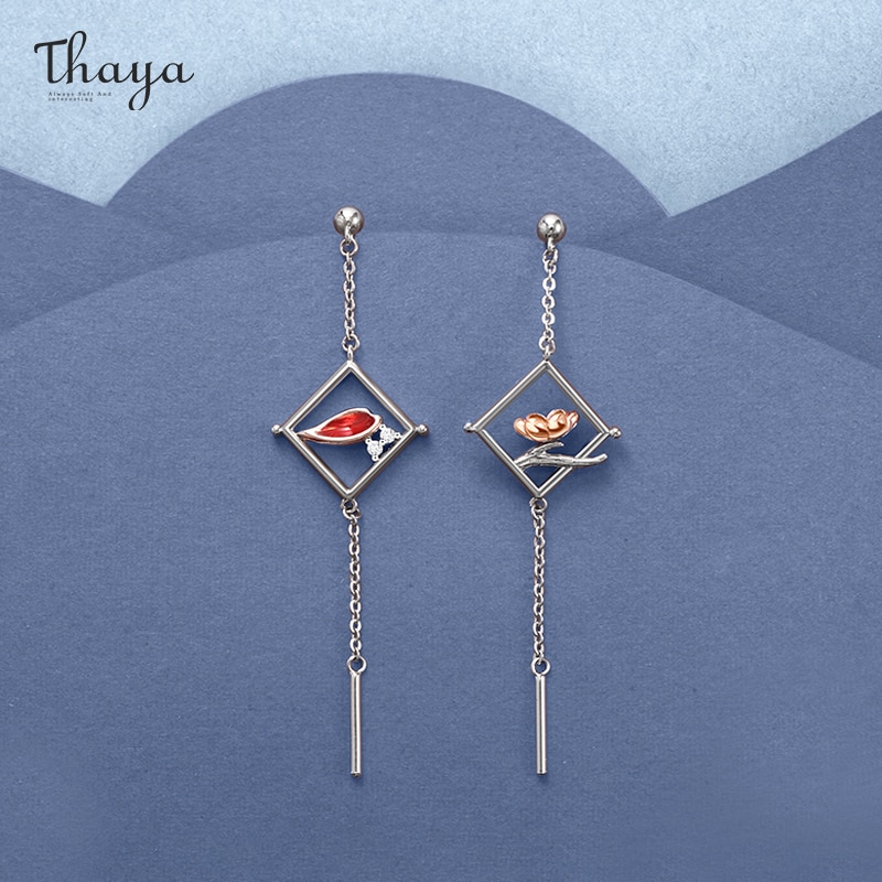 Thaya Original Silber-überzogene Ohrringe Plum Blossom Red Drip Öl Stud Ohrringe Platz Ohrringe Für Frauen Elegante Feine Schmuck