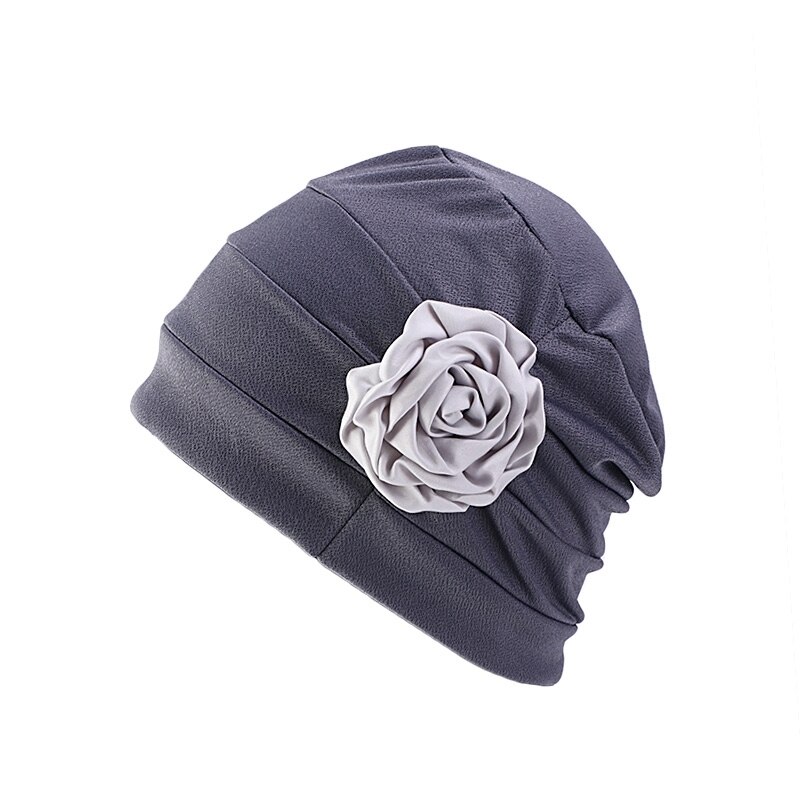 Blomst form turban hår kasketter hue kvinder kemo cap sove nat motorhjelm pige hår styling tilbehør: Grå