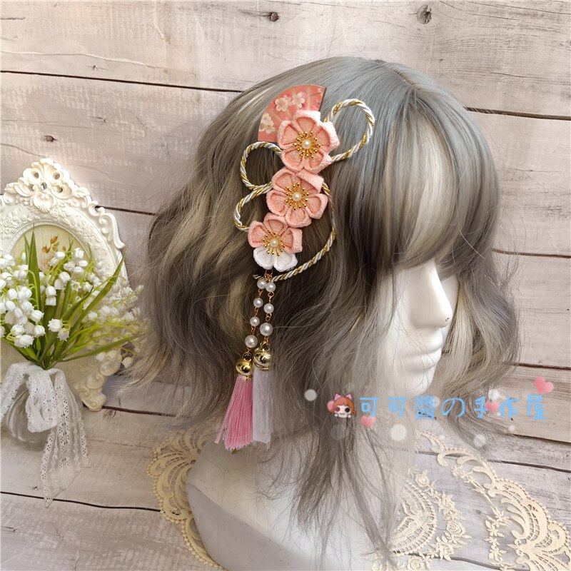 Pasadores Harajuku de estilo japonés para niña, Kimono, abanico de flor de cerezo, accesorios para el cabello, horquillas con Clip LATERAL con borlas suaves de Lolita: Rosa