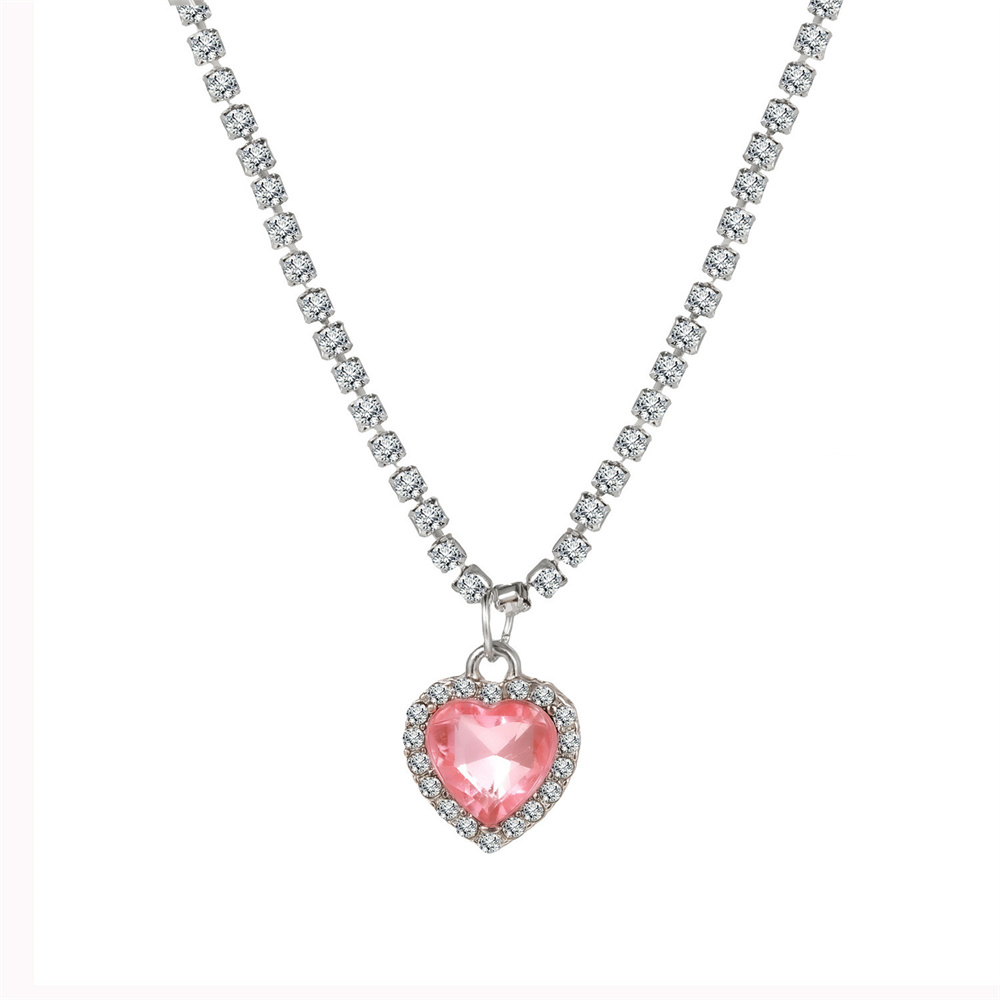 Conjunto de collar y pendientes de cristal rosa con circonita de corazón para mujer, collar colgante de lujo, pendientes, conjuntos de joyería de boda, , 3 uds.: Color oro puro