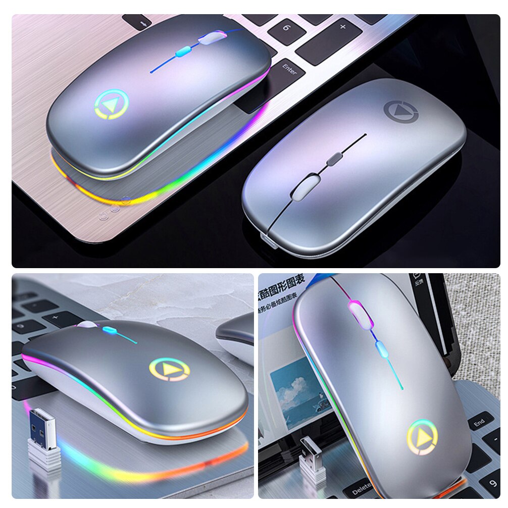 Ratón inalámbrico ultradelgado con luces LED de colores, ratón óptico ergonómico para juegos, recargable, silencioso, USB, para PC y portátil