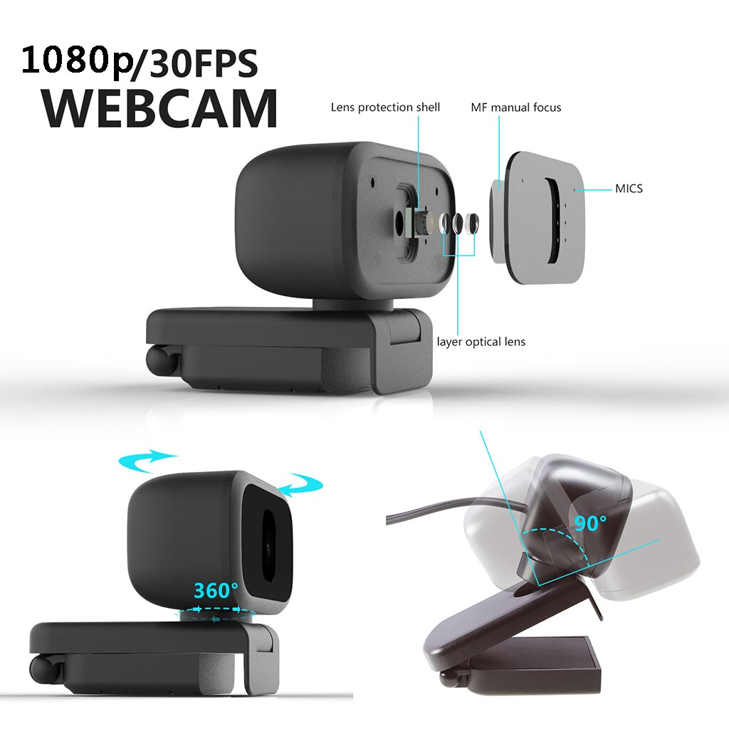 Full HD 1080P USB Web Camera (30fps), Plug & Play Webcam with Dual Microphone, Multi-Compatible, for Video Conferencing