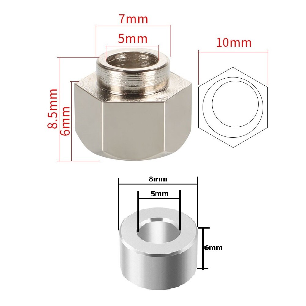 Exzenter-distanzstück-set, dicke 6mm, bohrung 5mm, kohlenstoffstahl, vernickelte exzenterschraubenmuttern & aluminium-distanzstücke, 3d druckerteile