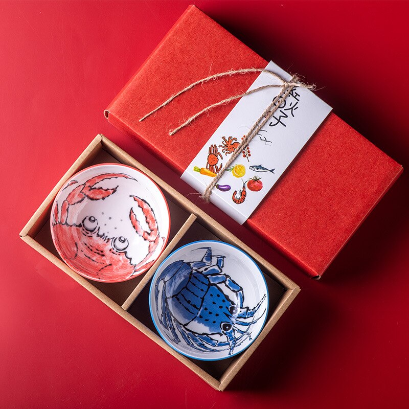 Japanese Ceramic Tableware Set Box Rice Soup Noodle Salad Bowl Seasoning Small Bowl Hand-painted Underglaze Candy Bowl: Cartoon-2 pcs