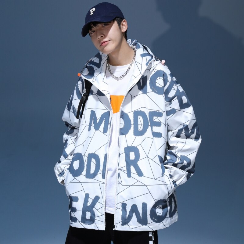 Abrigo cortavientos de estilo universitario para hombre, chaqueta de gran tamaño con cremallera y estampado de tendencia coreana, ropa de calle Hip Hop que combina con todo, primavera y otoño, 2022: White / 3XL-Weight-90-100kg