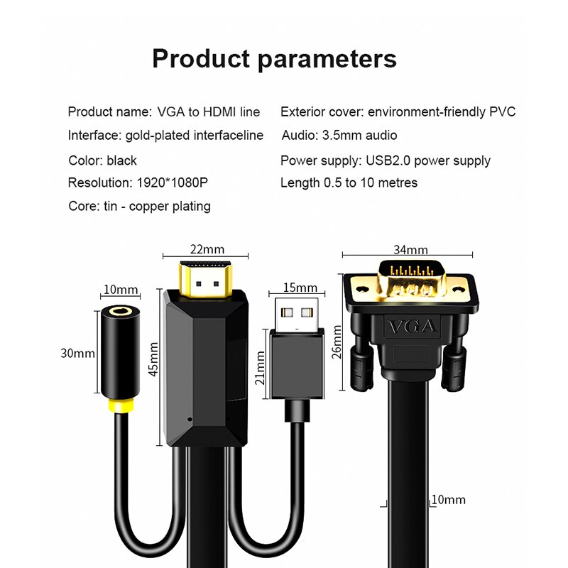 VGA zu HDMI Kabel Konverter Kabel 1M 1080P HD Stecker auf Stecker AUX VGA HDMI Konverter Kabel für Laptop PC HDTV Monitor VGA vers HDMI
