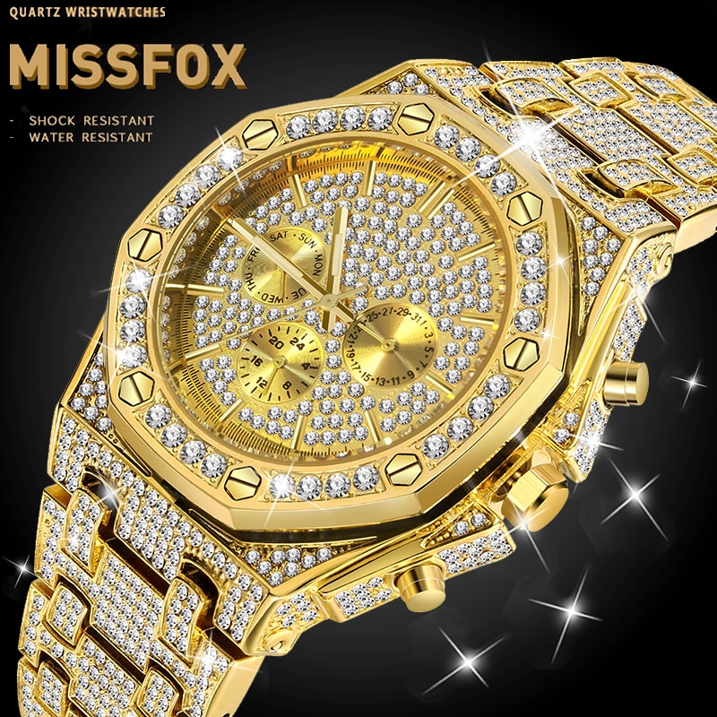 Mens Luxe Horloge Merken Real Chronograaf Missfox Volledig Iced Out Horloge Voor Mannen 18K Vergulde Rvs gents Horloge