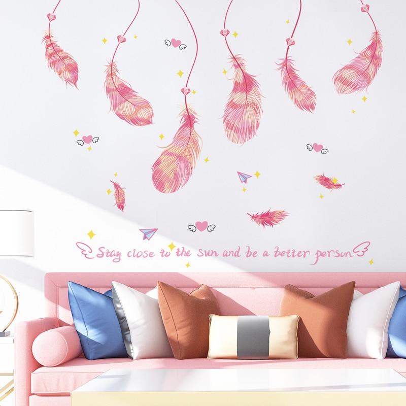 [shijuekongjian] lyserøde fjer væg klistermærker diy tegneserie hjorte dyr vægoverføringsbilleder til børneværelser baby soveværelse hus dekoration