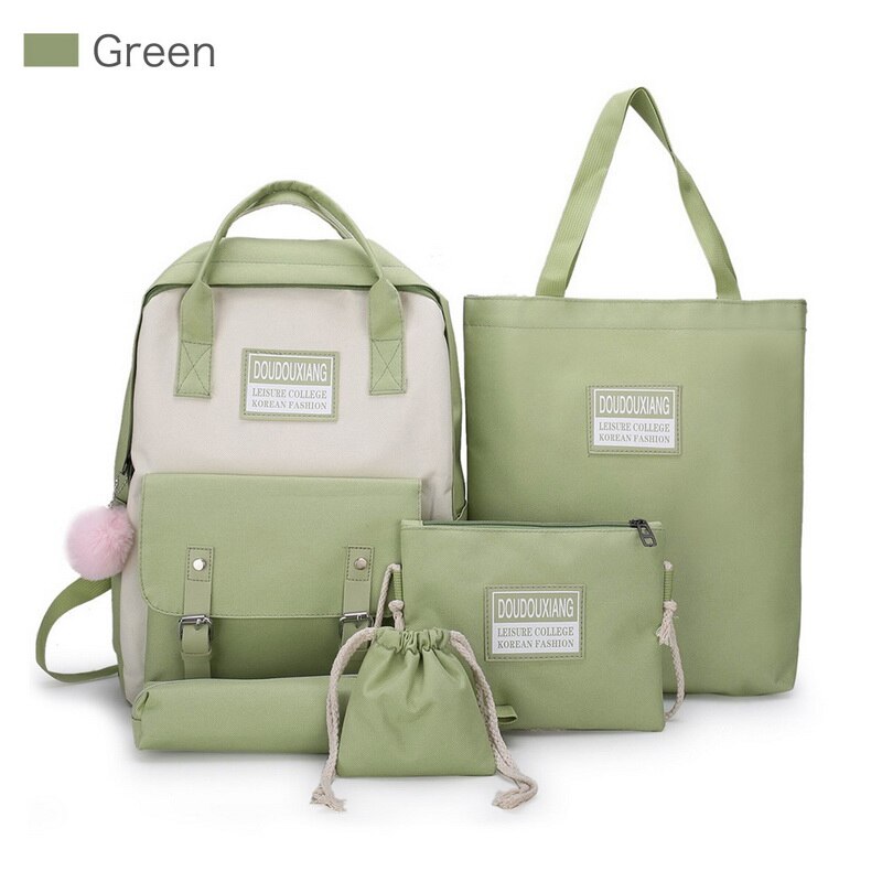 5 Stuks Set Hoge Schooltassen Voor Tienermeisjes Canvas Rugzak Vrouwen Bookbags Tiener Student Schooltas Bolsas Escolar: green