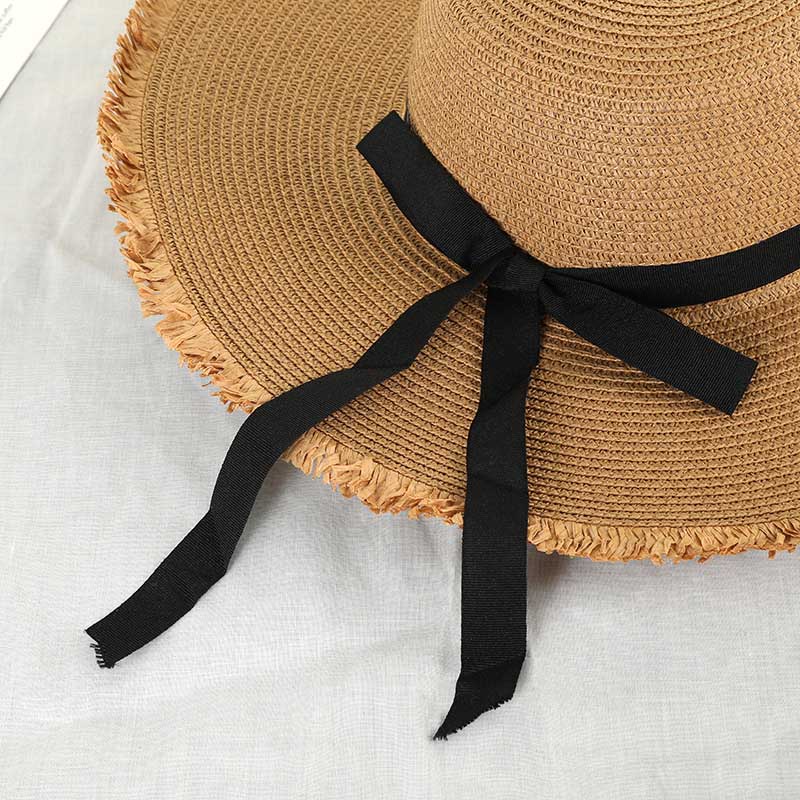 Weave Sun Hats Straw Hat Black Ribbon Tie Up Caps for Women Summer Beach Outdoor ZJ55
