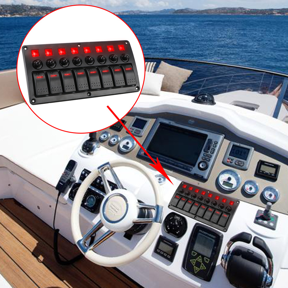 Car Vehicle Truck RV SUVS Marine 8 Gang LED Switch Panel Circuit Breakers With Fuse Waterproof 12/24V Overload Protection