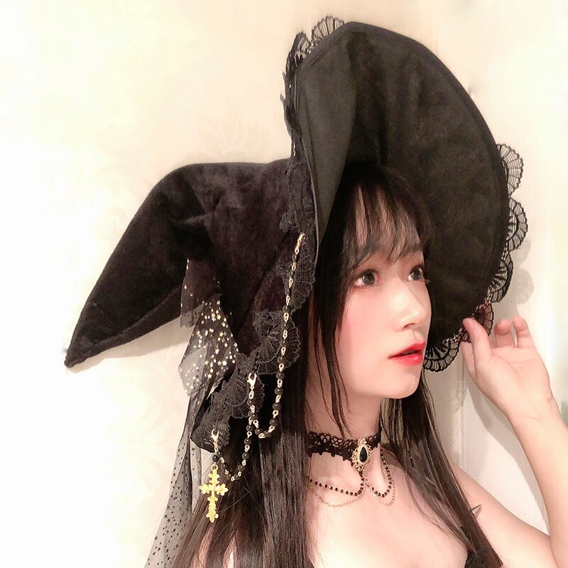 Japan Lolita Heks Hoed Gothic Magic Halloween Kostuum Accessoires Props Vintage Zwart Kant Grote Boog Cosplay Party Tovenaarshoed