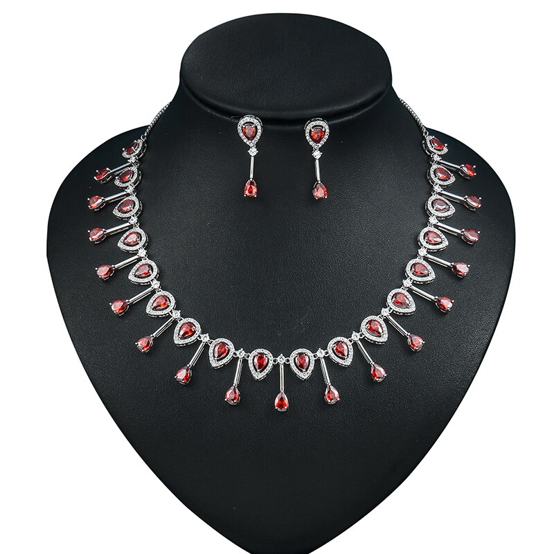 WEIMANJINGDIAN, novedad, exquisito collar y pendientes de cristal rojo Granada de circonia cúbica CZ, conjunto de joyería nupcial para boda