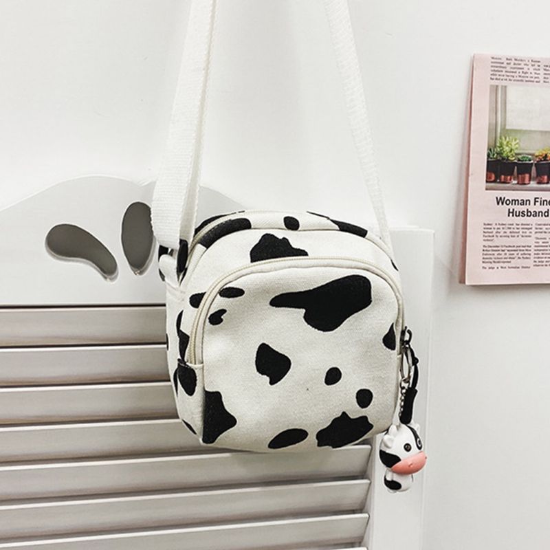 Bolso de hombro tipo bandolera con estampado de vaca de dibujos animados para mujer y niña, bolso de mano Satchel Phone Purse Q1QA