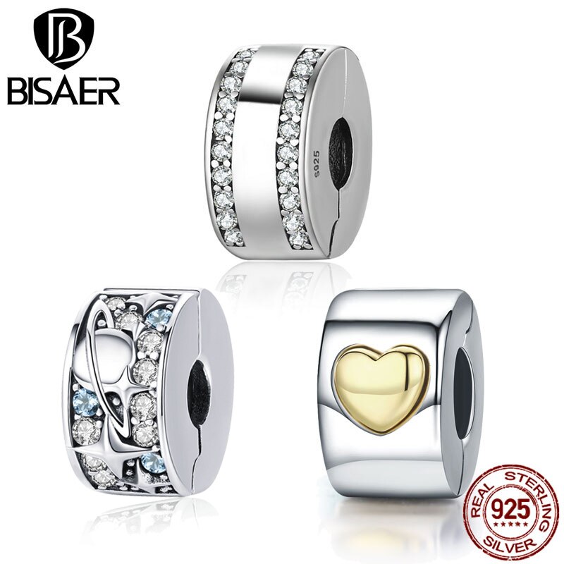 BISAER Authentic 925 Sterling Silver Stopper Clip Heart Star Charm Clear CZ Beads fit Charm Silver 925 Bracelet Jewelry Making