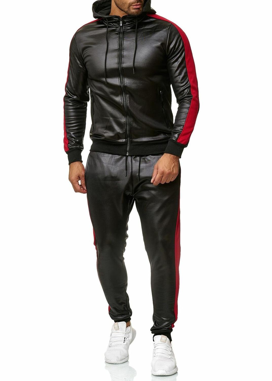 Herr pu läder vinter träningsoveraller män set tjocka hoodies dragkedja jackor byxor kostym sweatsuit herr hoodie sport kostym