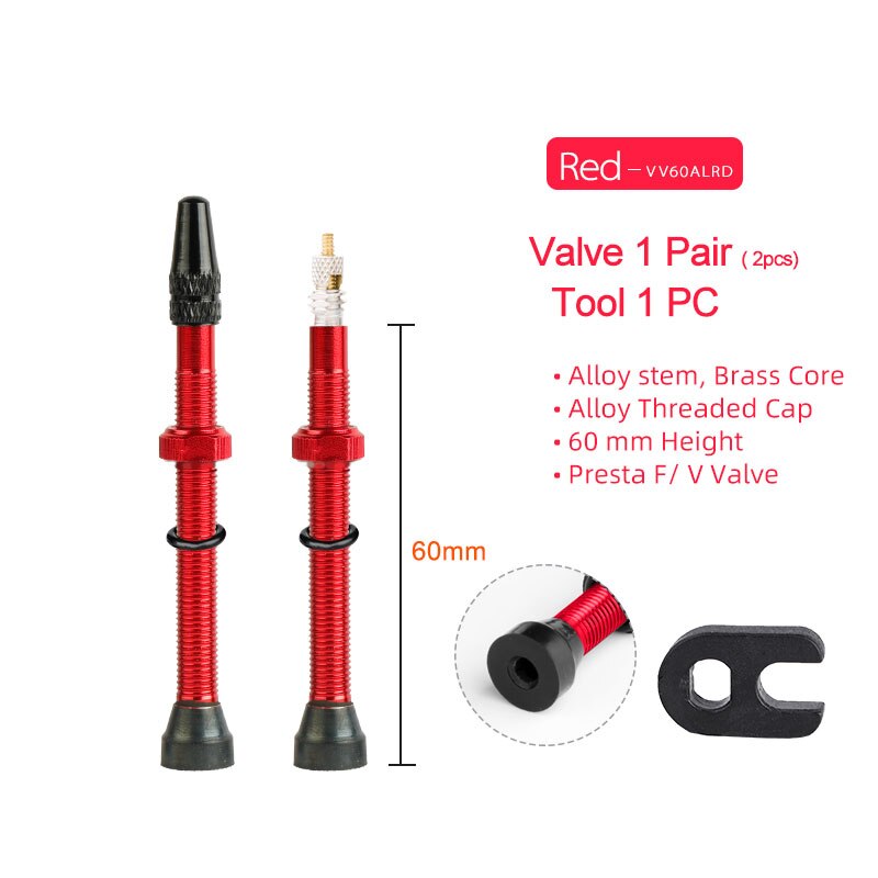 1 paar 60mm Presta Ventil für Road Tubeless Felge Messing Core W/Legierung Kappe & Werkzeug: 60mm Alloy Red A