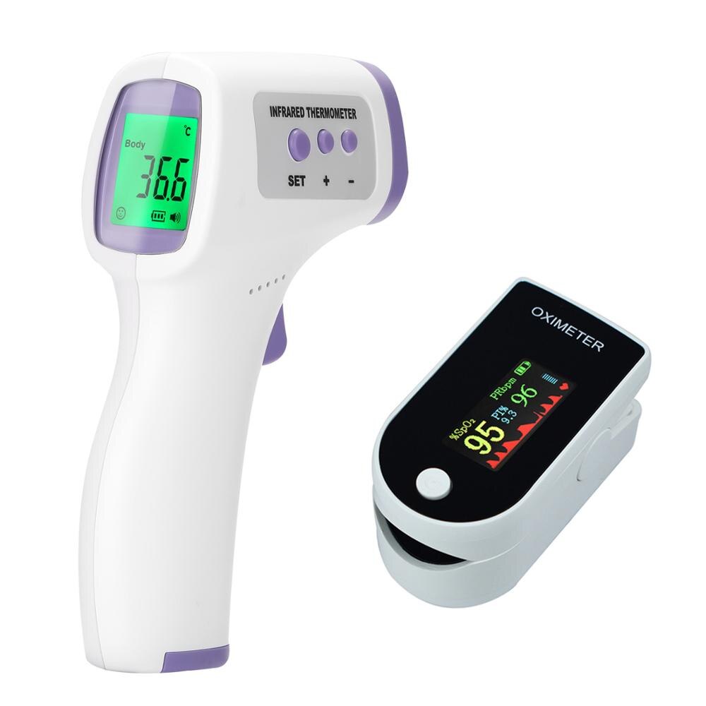 2Pcs Saturatiemeter + Thermometer Draagbare Bloed Zuurstof Vinger Pulse Digitale Vingertop Oximeter Zuurstofverzadiging Meter Vinger Monitor