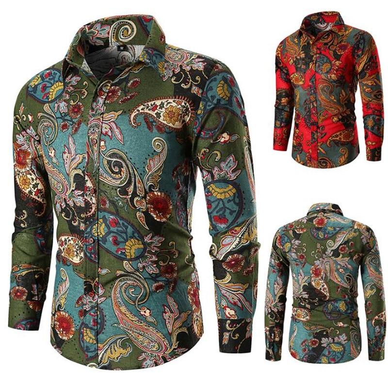 Vintage paisley print hawaiiansk skjorte mænd forår efterår lange ærmer herre kjole skjorter bryllup fest galla skjorte chemise homme