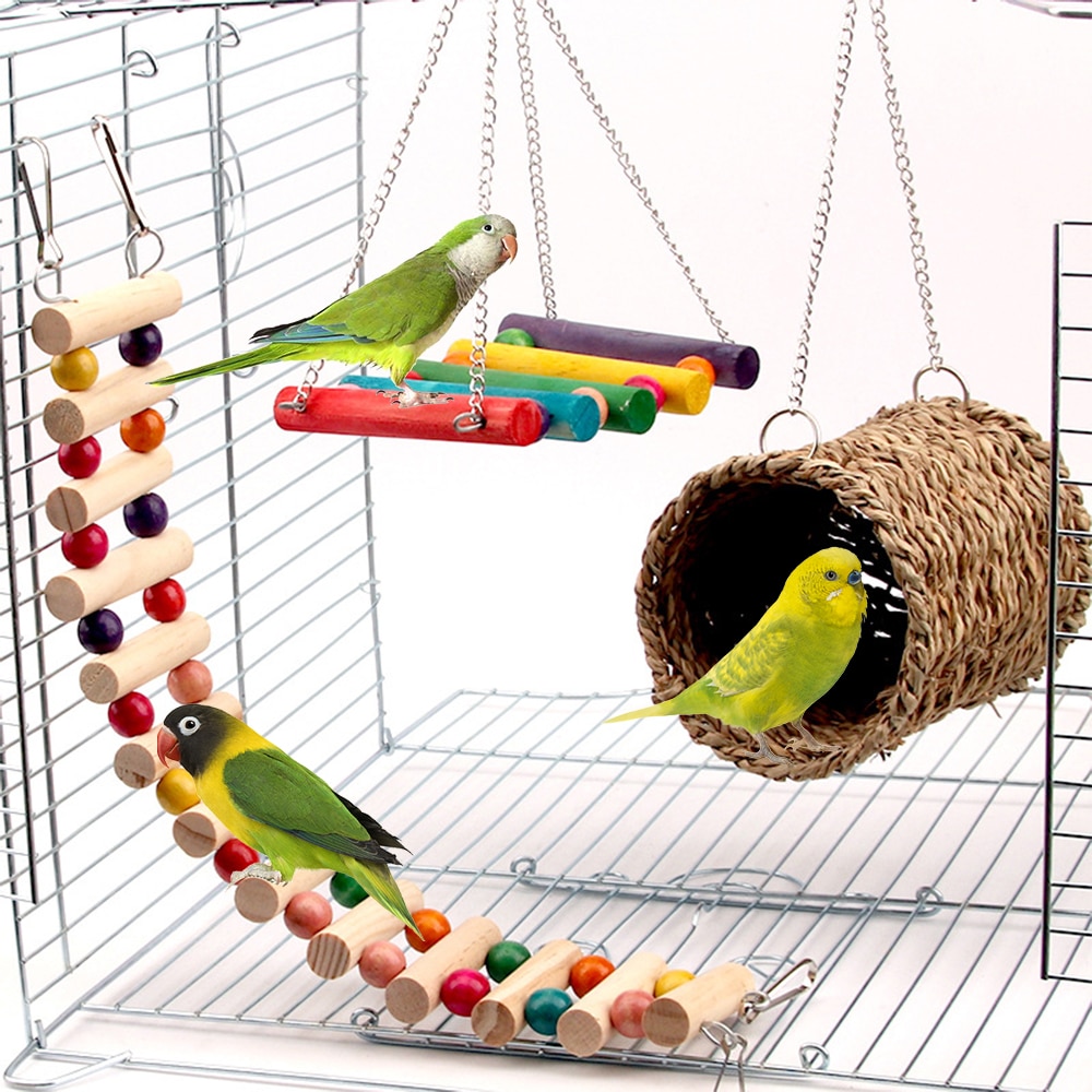 3 uds jaula para loros de juguete ardilla hámster ardilla hamaca pájaro nido columpio y escalera Animal PEQUEÑO jaula para pájaros Kits de Juguetes: 3pcs