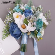 JaneVini Elegante Land Stijl Blauw Bruids Zijde Rozen Bruidsboeketten Ramos Flores Kunstbloemen Buket voor Bruiloft