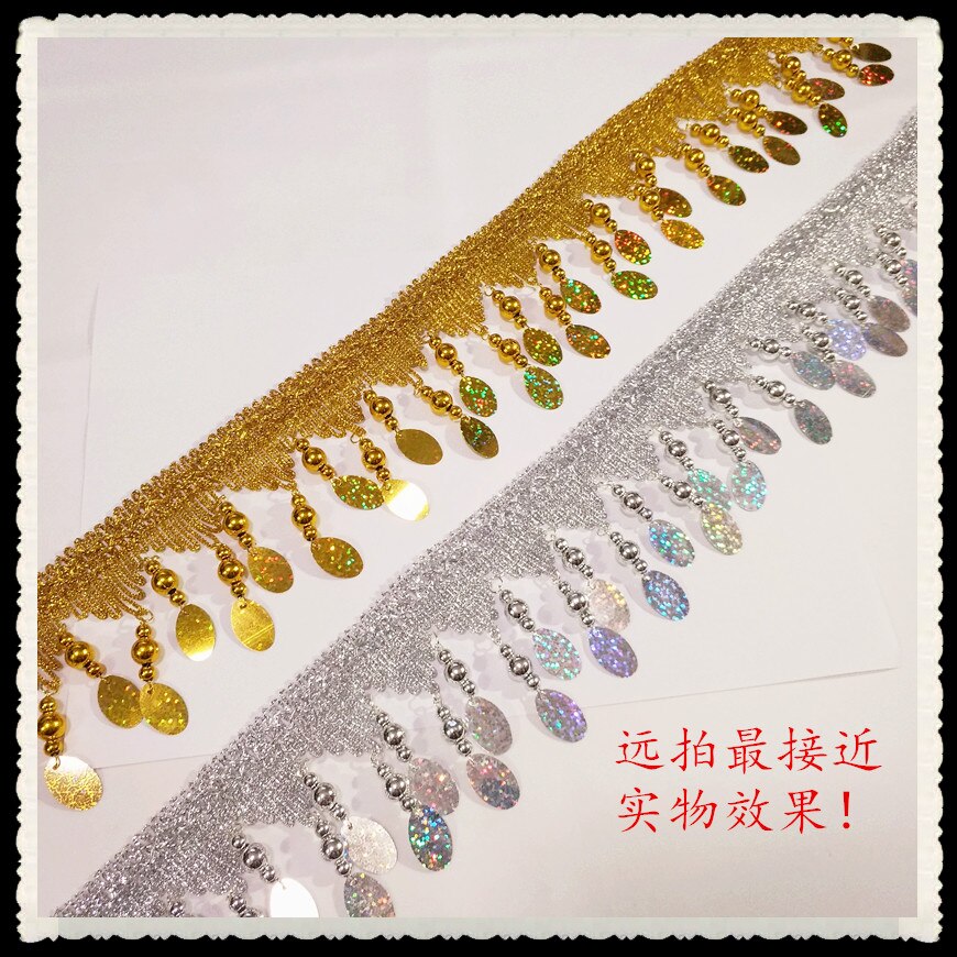 2 yard / lot guld silver vågiga ellips paljetter diy spets trim tofs frans gardin bröllop latin dans scen kostym tillbehör