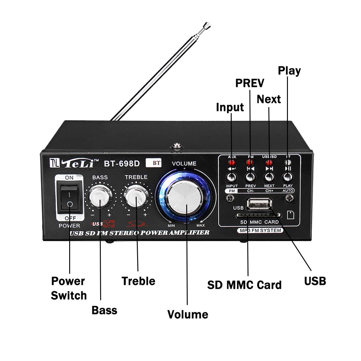HIFI Bluetooth Car Audio Power Stereo Digital Amplifier Home USB SD FM Radio Subwoofer Equipment With Remote Control
