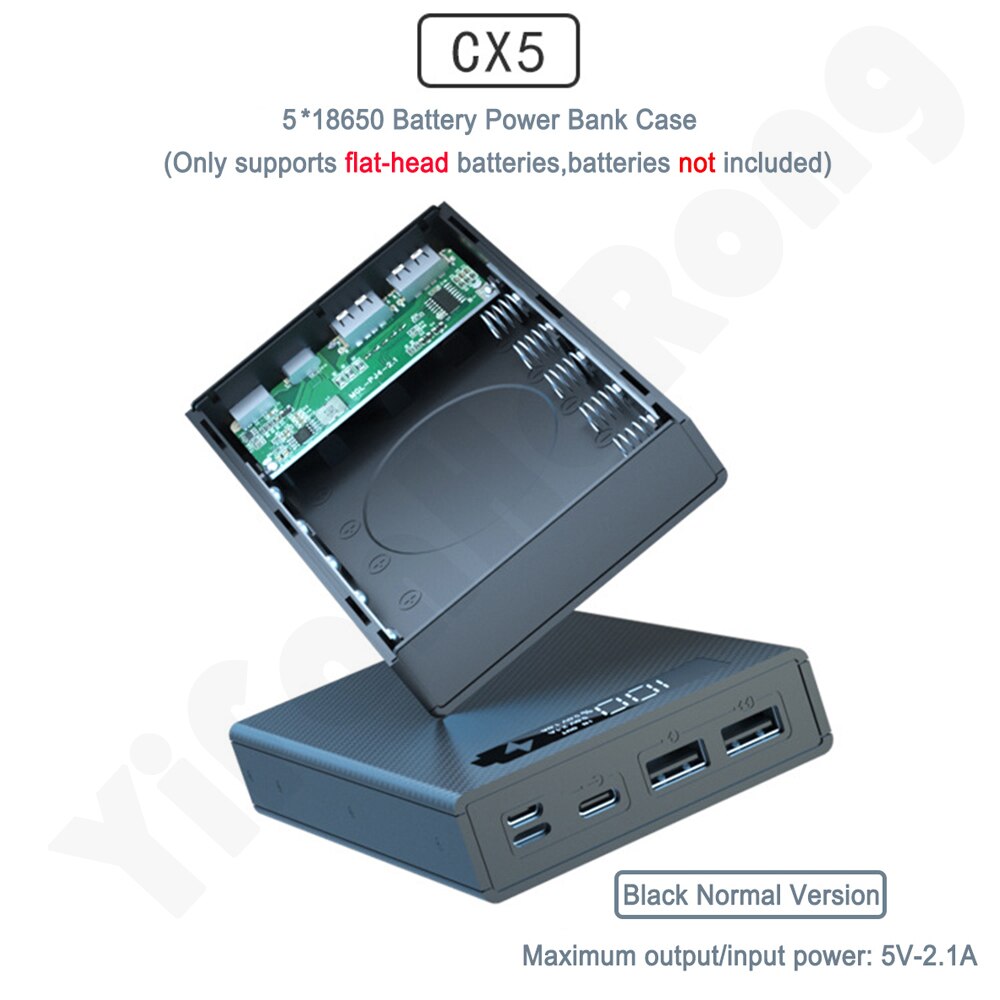 Wireless Charge 5*18650 Fast Charge PD3.0 QC3.0 Welding Free Battery Storage Box DIY Power Bank Case 18650 Battery Holder Box: Normal Black