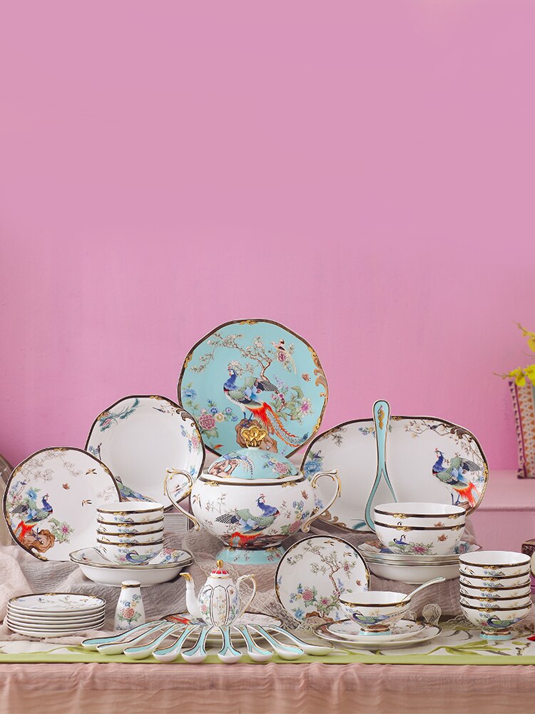 Oosterse Bone China Servies Set Soeppan Combinatie High End Keramische 8Inch Plaat 12Inch Vis Plaat Kruiden Jar