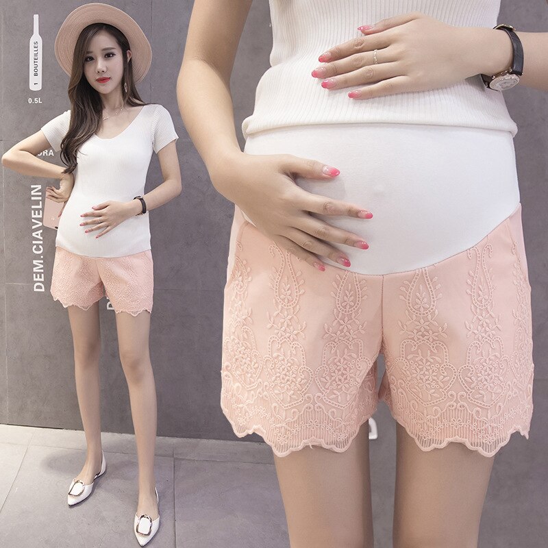 Short Denim pour femme enceinte en coton | Nouvelle d'été décontracté, couleur unie, en dentelle, vêtements de grossesse: Pink shrimp / XXL